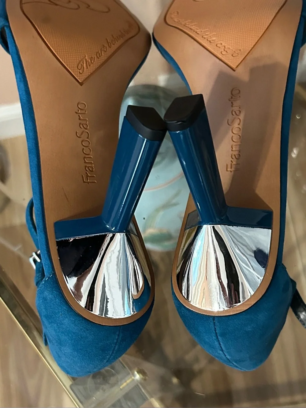Never Worn * Franco Sarto Blue Suede Open-Toe Silver Heel Sandals Size 9.5